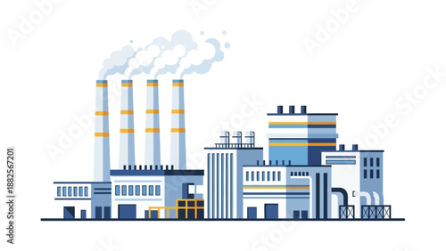 Industrial Factory Building with Smoke Stacks and Multiple Structures Representing Manufacturing and Production Processes