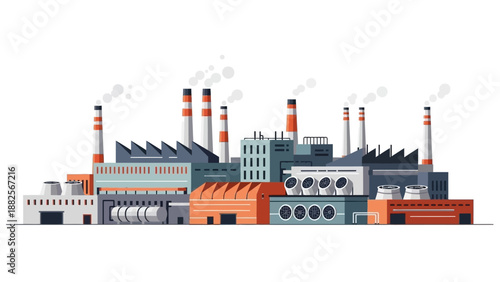 Industrial factory complex with multiple buildings and smoking chimneys, representing manufacturing and production processes