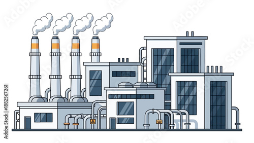 Modern industrial factory with multiple buildings and smokestacks emitting smoke, representing manufacturing and production processes