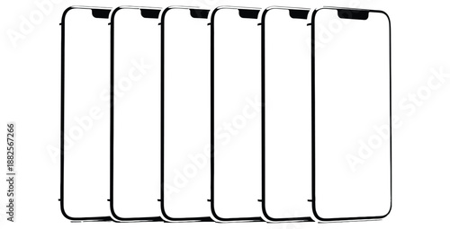 Five identical smartphone mockups with blank screens displayed side by side for application demonstration and user interface design presentation purposes