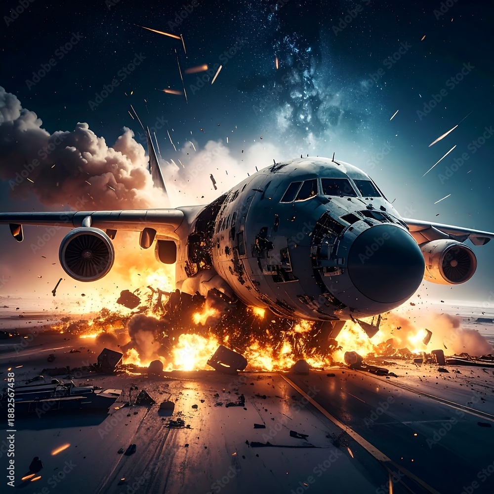 Fototapeta premium A large airplane crashes on a runway with explosion
