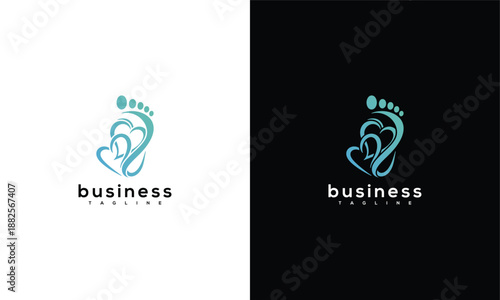Corporate branding illustration featuring a stylized footprint and letter on white and black backgrounds from a straightforward perspective
