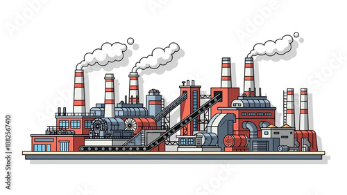 Industrial factory with smoking chimneys and machinery, representing heavy industry and manufacturing processes
