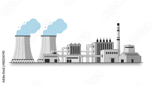 Industrial power plant with cooling towers emitting steam, representing energy production and manufacturing facilities