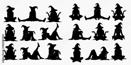 Set of witch silhouettes in various sitting and lying poses, perfect for Halloween designs and magical themes.