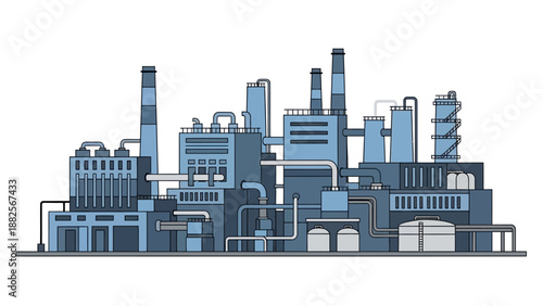 Industrial factory complex with multiple towers and pipes, representing manufacturing and production processes within the industry
