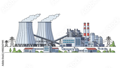 Industrial power plant with cooling towers and electrical transmission lines, representing energy generation and infrastructure