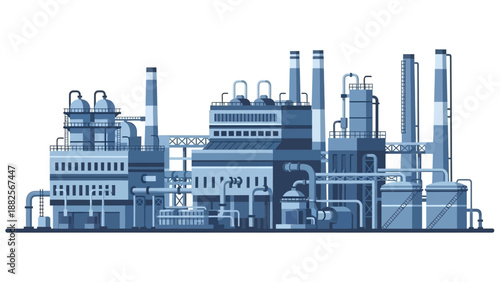 Modern industrial complex with multiple pipes and chimneys, representing manufacturing and production processes