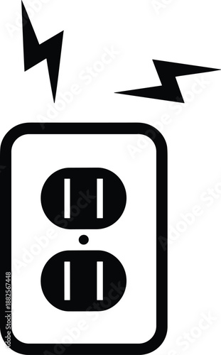 Electrical wall outlet socket icon with lightning bolts, minimalist black and white power supply vector symbol for energy and electricity