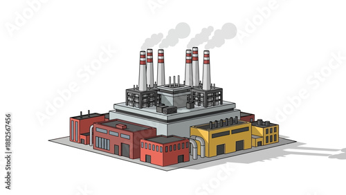Illustration of a large industrial factory with multiple smoking chimneys and attached buildings, representing manufacturing and industry