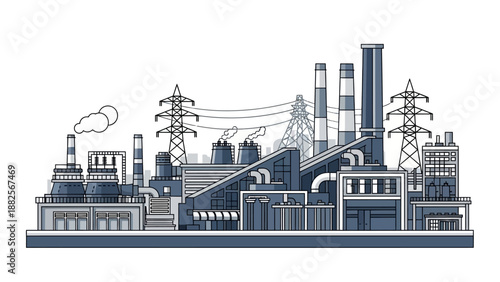 Industrial factory complex with power lines and smokestacks, illustrating manufacturing and production