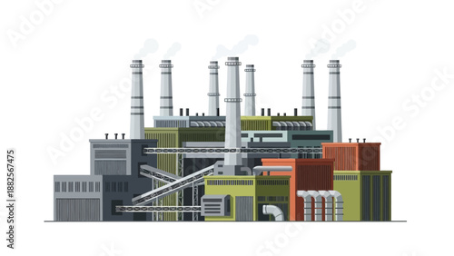 Industrial plant with multiple smokestacks emitting smoke, representing manufacturing and production