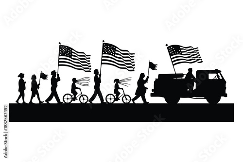 Silhouette of people marching with American flags and a vintage truck