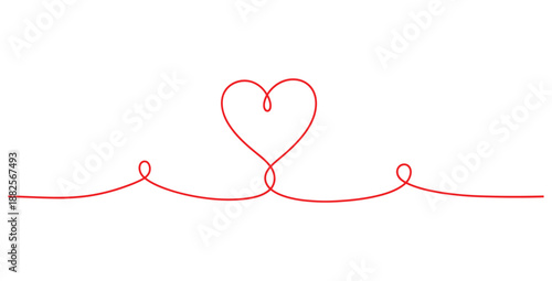 Simple continuous red line drawing forming a delicate heart shape above a flowing horizontal divider element symbolizing romantic connection and enduring affection