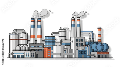 Industrial factory with smokestacks emitting smoke, symbolizing manufacturing and production processes