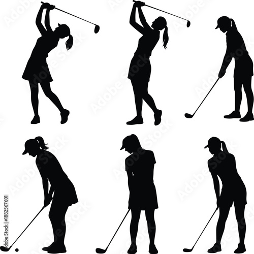 Female golfer silhouette poses set, women golf swing sequence, athletic sports action illustration isolated on white background