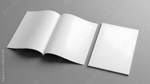 Blank open and closed magazine mockup template on gray background | Professional booklet and catalog cover design presentation | A4 size blank paper brochure mock up for branding identity 