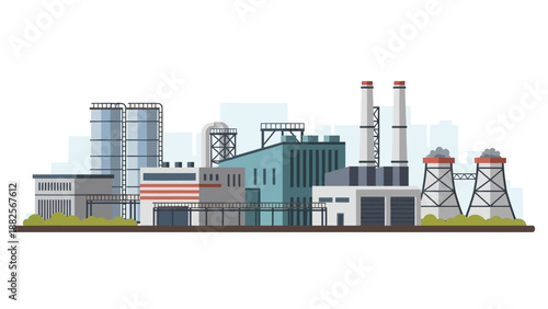 Industrial factory building with multiple smokestacks and cooling towers under a clear sky, representing manufacturing and energy production