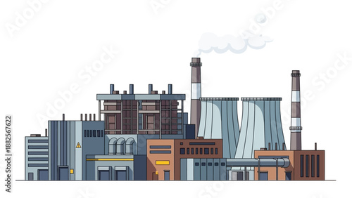 Industrial power plant with cooling towers and smoking chimneys, representing energy generation and manufacturing facilities