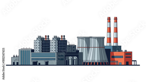 Industrial power plant with cooling towers and chimneys illustration