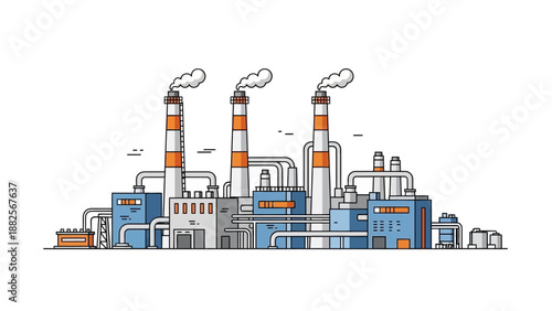 Industrial factory building with smokestacks, representing heavy industry and manufacturing processes, modern design and urban infrastructure