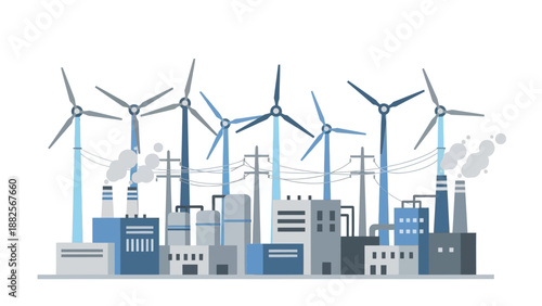 Industrial landscape with wind turbines and factories illustrating renewable energy production and modern industrial infrastructure