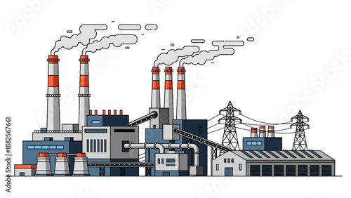 Industrial Power Plant with Smoking Chimneys and Transmission Towers