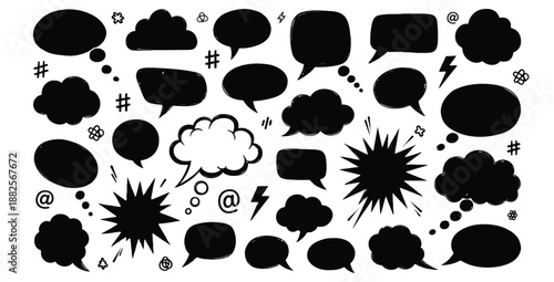 Collection of various hand drawn black and white speech bubbles thought clouds and comic style burst shapes for design communication concepts