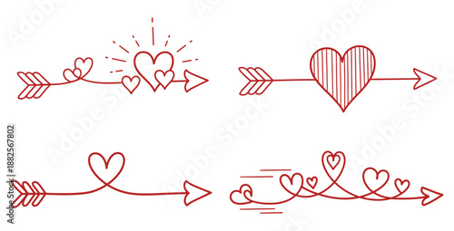 Collection of four charming hand drawn red heart arrows designs perfect for valentine day decorations invitations borders or romantic graphic elements