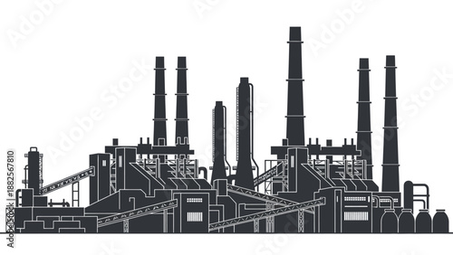 Industrial power plant complex with numerous tall smokestacks and intricate structures under a clear sky