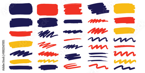 Collection of vibrant hand drawn marker strokes and highlighter brush strokes in blue red and yellow colors for graphic design elements