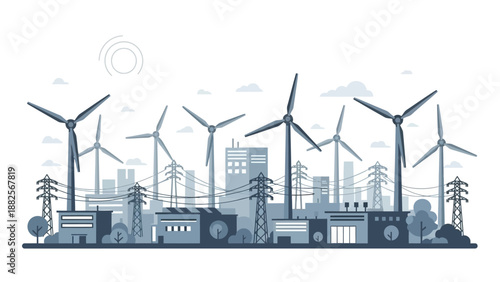 Modern cityscape with wind turbines and industrial buildings representing renewable energy and sustainable urban development