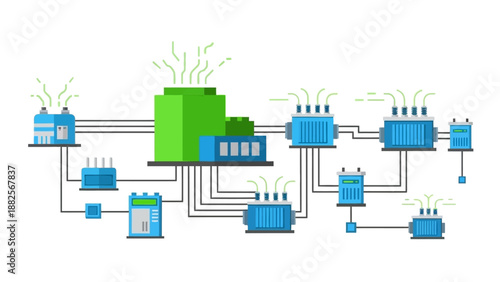 Industrial process flow diagram showcasing connected manufacturing units with steam emission, representing modern factory infrastructure and production systems