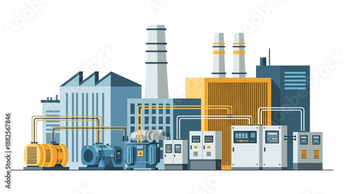 Industrial plant with machinery, cooling towers, and control panels representing manufacturing and production processes