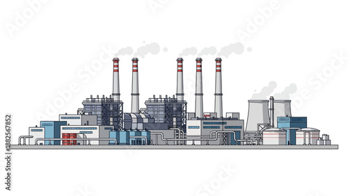 Industrial power plant with multiple smoking chimneys, symbolizing energy production and manufacturing operations