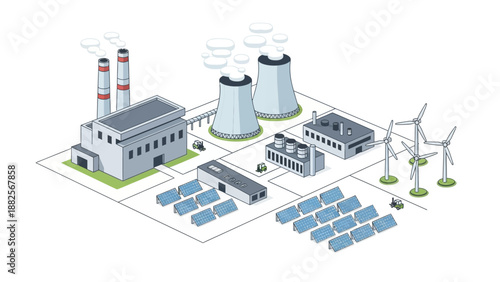 Sustainable energy power plant with solar panels and wind turbines for clean electricity generation, illustrating renewable resources