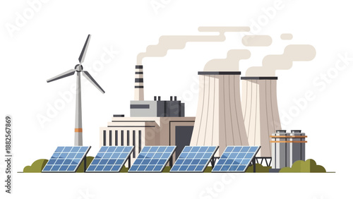 Renewable energy sources like solar panels and wind turbines powering a modern industrial facility