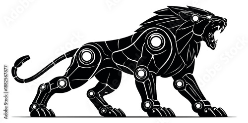 Graphic illustration of a mechanical lion depicting a powerful roar for technology and strength concepts