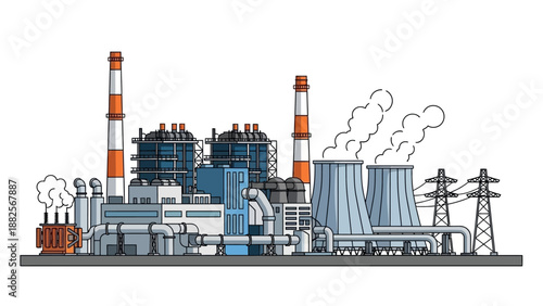 Industrial power plant with cooling towers, electricity pylons, and steam emitted from chimneys, symbolizing energy production and industrial infrastructure