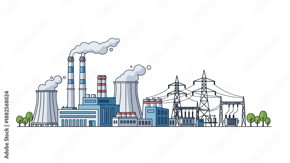 Obraz premium Industrial power plant with cooling towers and transmission lines in a flat design style, generating electricity for a modern city