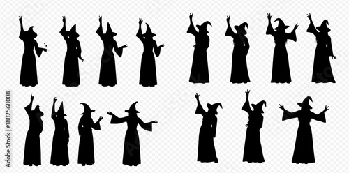 Set of Wizard Silhouettes with Different Poses and Gestures, Perfect for Fantasy and Magic Themes.