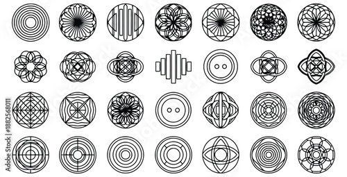 Collection of thirty black and white geometric circular abstract patterns and decorative button outlines perfect for graphic design elements