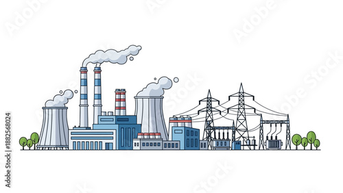Industrial power plant with cooling towers and transmission lines in a flat design style, generating electricity for a modern city