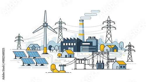 Sustainable Energy Power Plant with Solar Panels and Wind Turbine