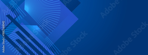 Professional dark blue background featuring radial line fans and translucent square overlays for technology design