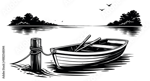 Hand drawn line art illustration of a rowboat depicting a calm lake scene for nautical designs