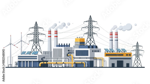 Industrial power plant with wind turbines and solar panels, symbolizing renewable energy generation and a sustainable future