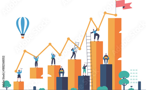 Flat vector illustration of professional business team working together to climb rising financial bar chart towards career success and goals