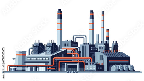Industrial factory complex with smoking chimneys and pipelines, symbolizing manufacturing and production processes
