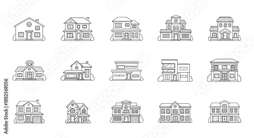 Diverse Collection of Modern and Traditional Residential House Outlines in Line Art Style, Featuring Various Architectural Designs and Home Facades for Real Estate and Urban Planning Concepts